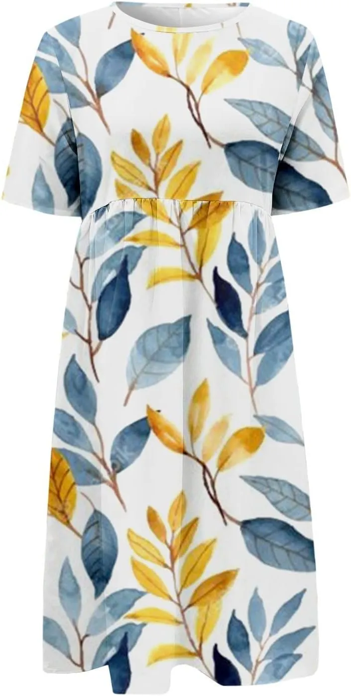 Women's Summer Floral Maxi Dress Trendy Graphic Print Short Sleeve Crewneck Dress Ruffle Swing Beach Long Dresses