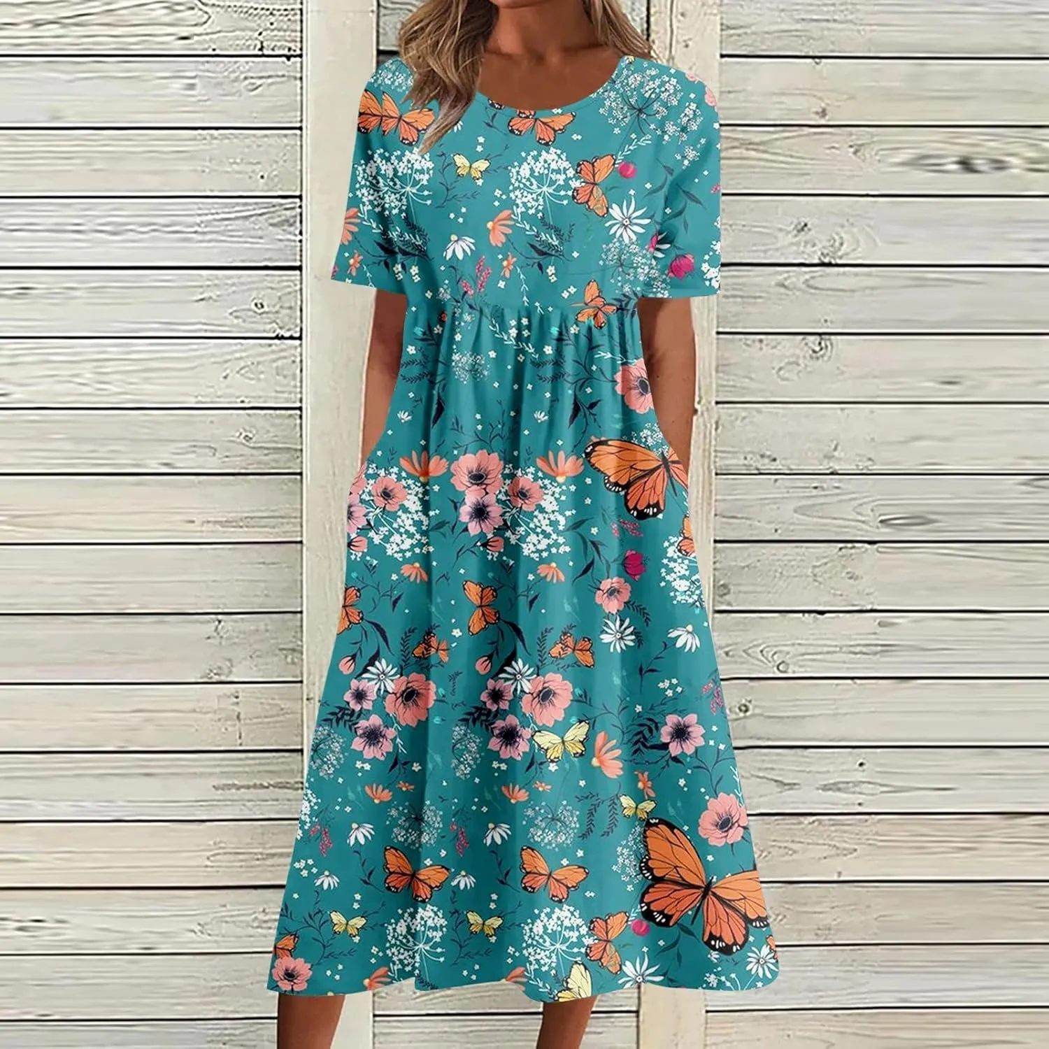 Women's Summer Floral Maxi Dress Trendy Graphic Print Short Sleeve Crewneck Dress Ruffle Swing Beach Long Dresses