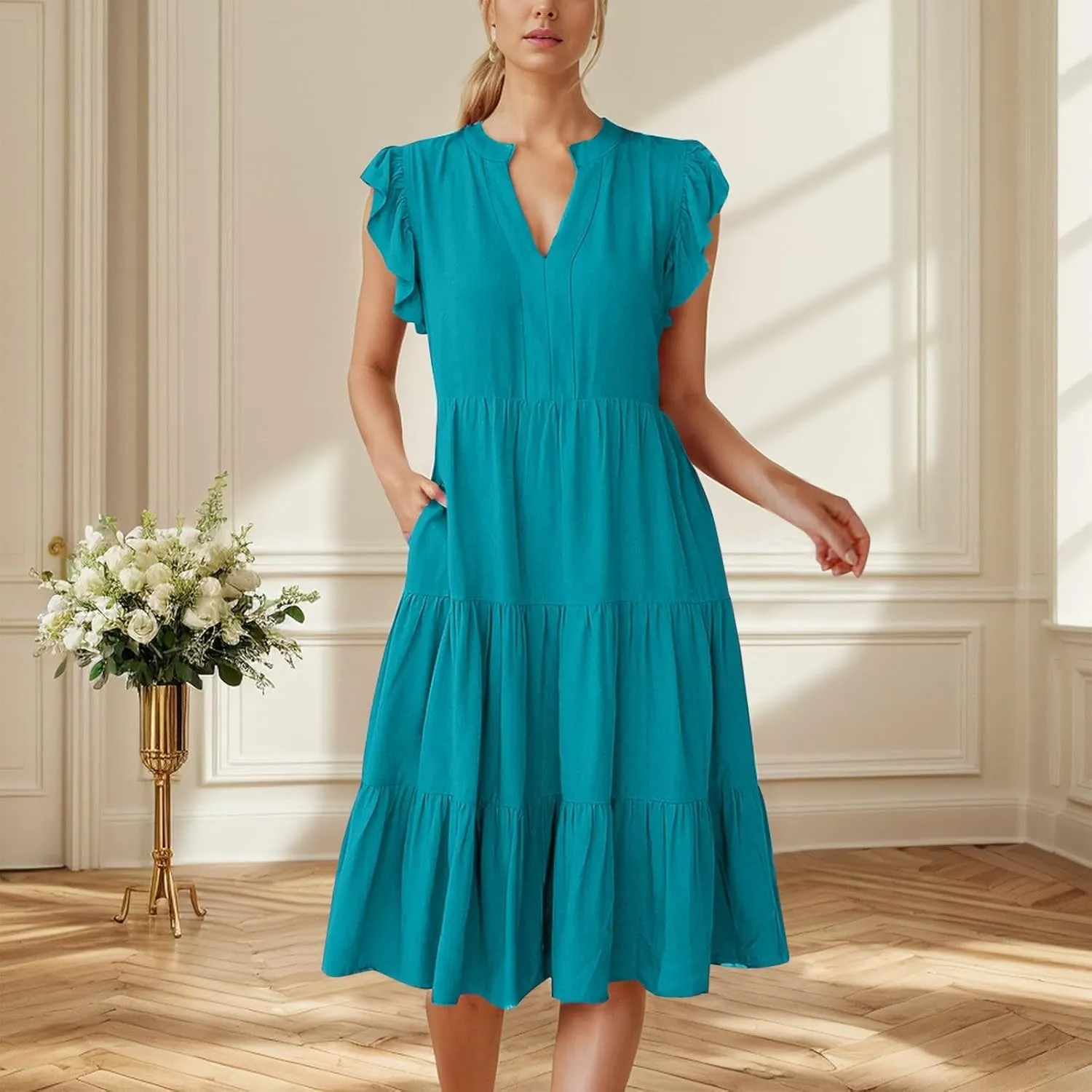 Womens Summer Ruffle Sleeve V Neck Midi Dress 2024 Fashion Casual Fit Flowy Tiered Boho Beach New Year Dresses