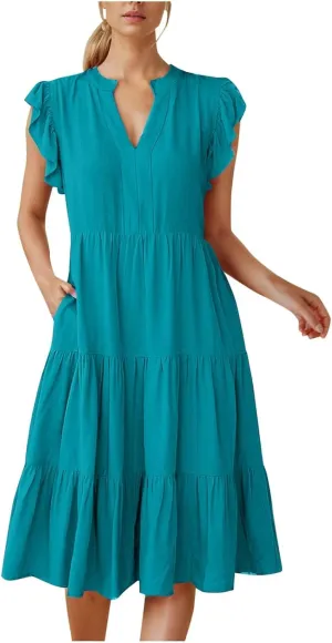 Womens Summer Ruffle Sleeve V Neck Midi Dress 2024 Fashion Casual Fit Flowy Tiered Boho Beach New Year Dresses