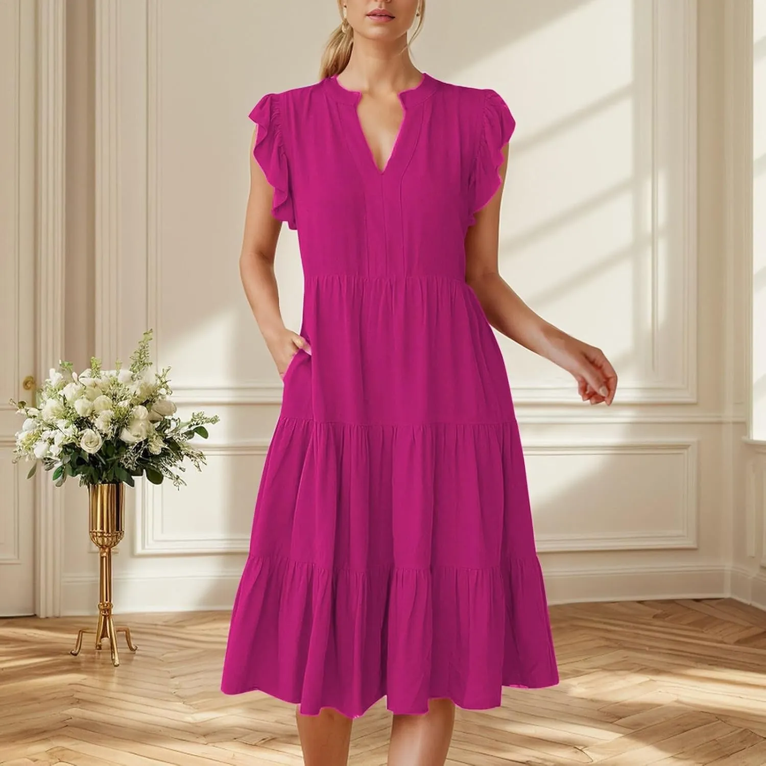 Womens Summer Ruffle Sleeve V Neck Midi Dress 2024 Fashion Casual Fit Flowy Tiered Boho Beach New Year Dresses