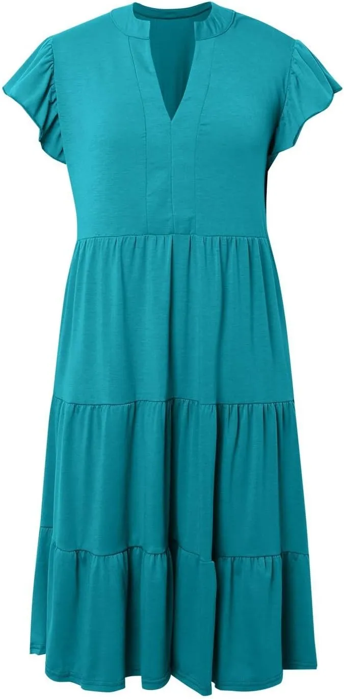 Womens Summer Ruffle Sleeve V Neck Midi Dress 2024 Fashion Casual Fit Flowy Tiered Boho Beach New Year Dresses