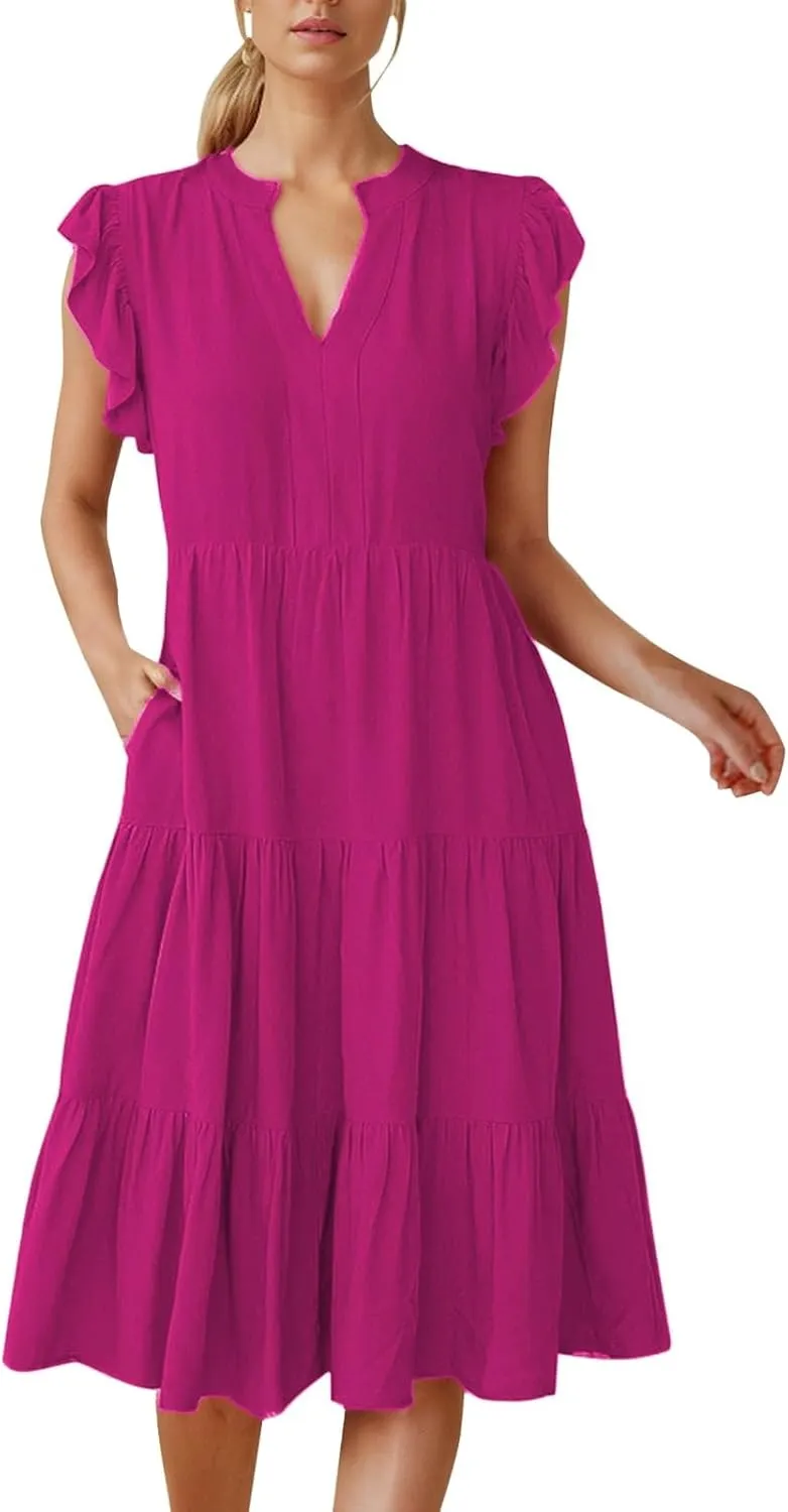 Womens Summer Ruffle Sleeve V Neck Midi Dress 2024 Fashion Casual Fit Flowy Tiered Boho Beach New Year Dresses