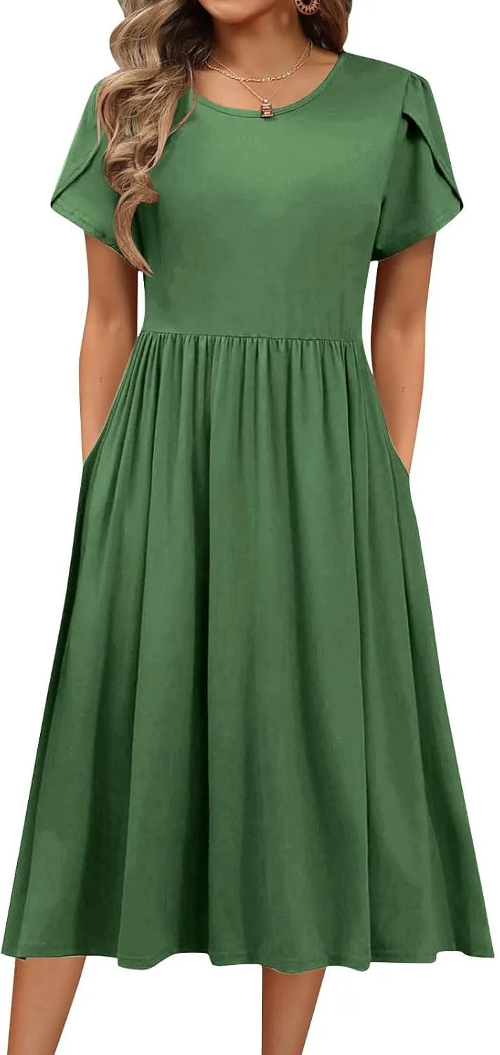 Women's Summer Short Sleeve A-Line Midi Dresses Casual Plain T-Shirt Dress Trendy Flowy Beach Sundress with Pockets