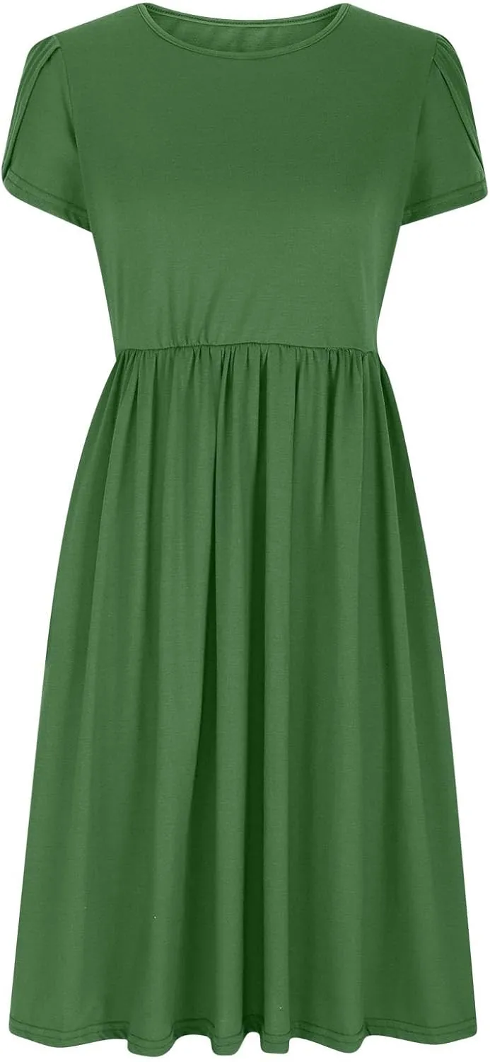 Women's Summer Short Sleeve A-Line Midi Dresses Casual Plain T-Shirt Dress Trendy Flowy Beach Sundress with Pockets
