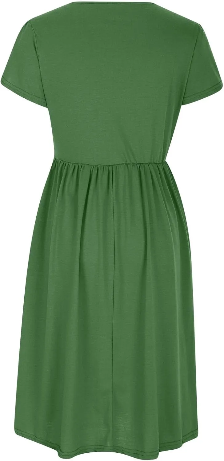 Women's Summer Short Sleeve A-Line Midi Dresses Casual Plain T-Shirt Dress Trendy Flowy Beach Sundress with Pockets