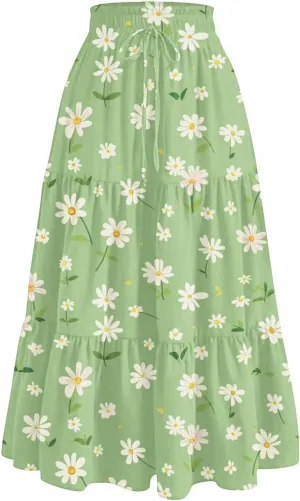 Women's Summer Skirt 2025 Ditzy Floral Print Skirt Boho Stretch High Waist Ruffle Hem Midi Skirts, S-XL