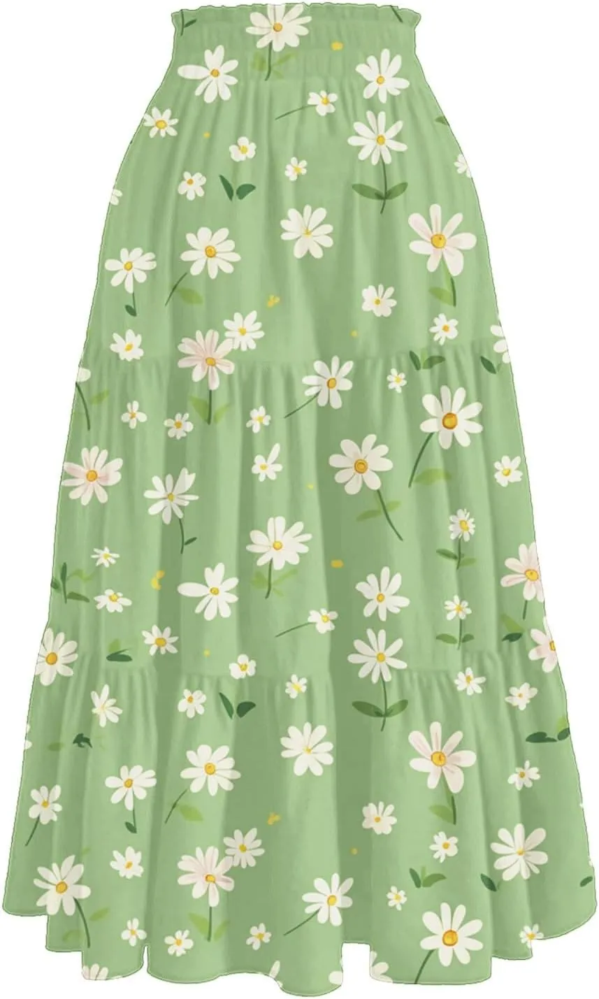 Women's Summer Skirt 2025 Ditzy Floral Print Skirt Boho Stretch High Waist Ruffle Hem Midi Skirts, S-XL