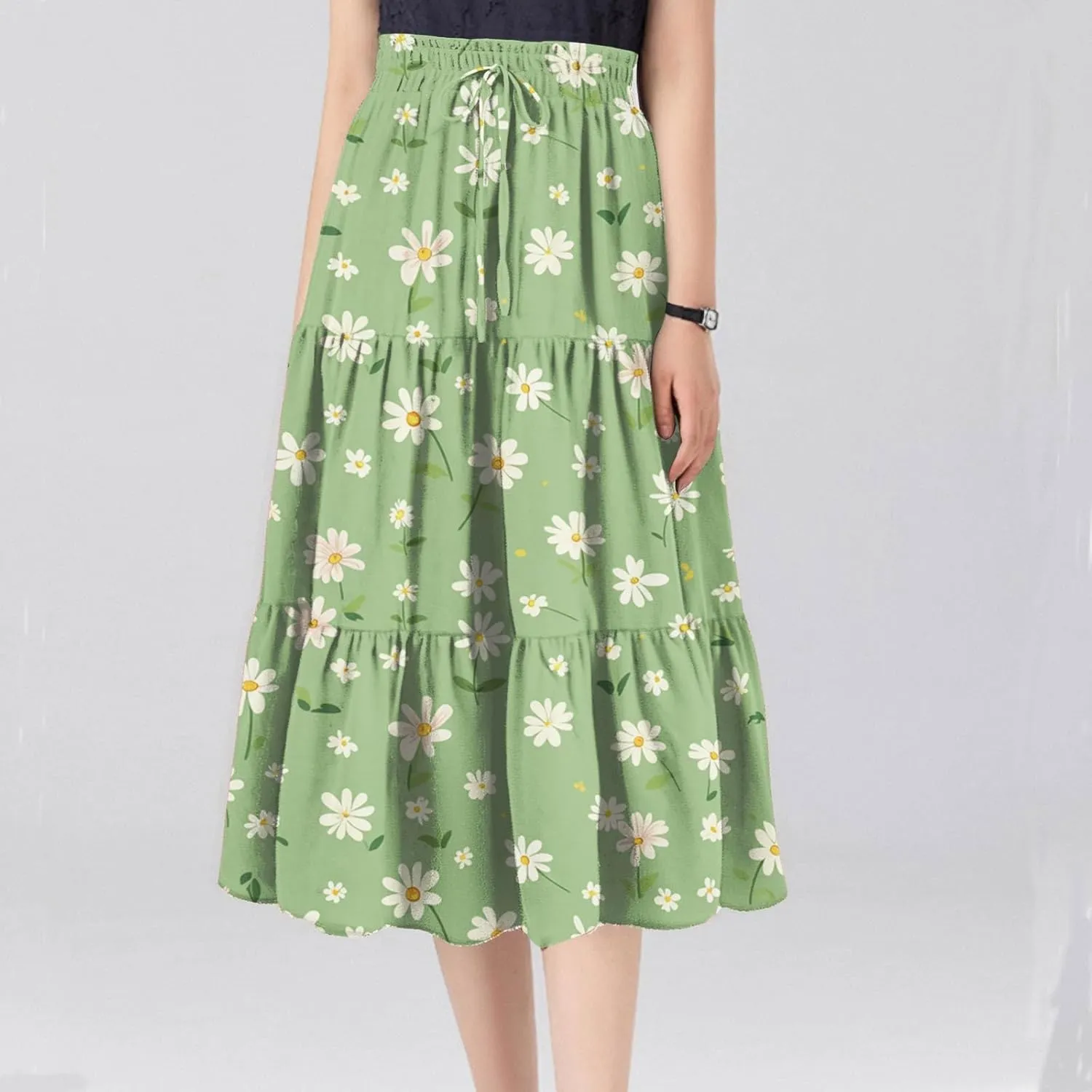 Women's Summer Skirt 2025 Ditzy Floral Print Skirt Boho Stretch High Waist Ruffle Hem Midi Skirts, S-XL