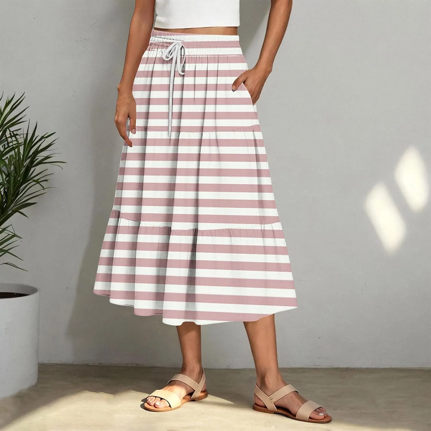 Womens Summer Skirts Midi Length Dressy Casual High Waist Drawstring A Line Boho Floral Skirt with Pockets