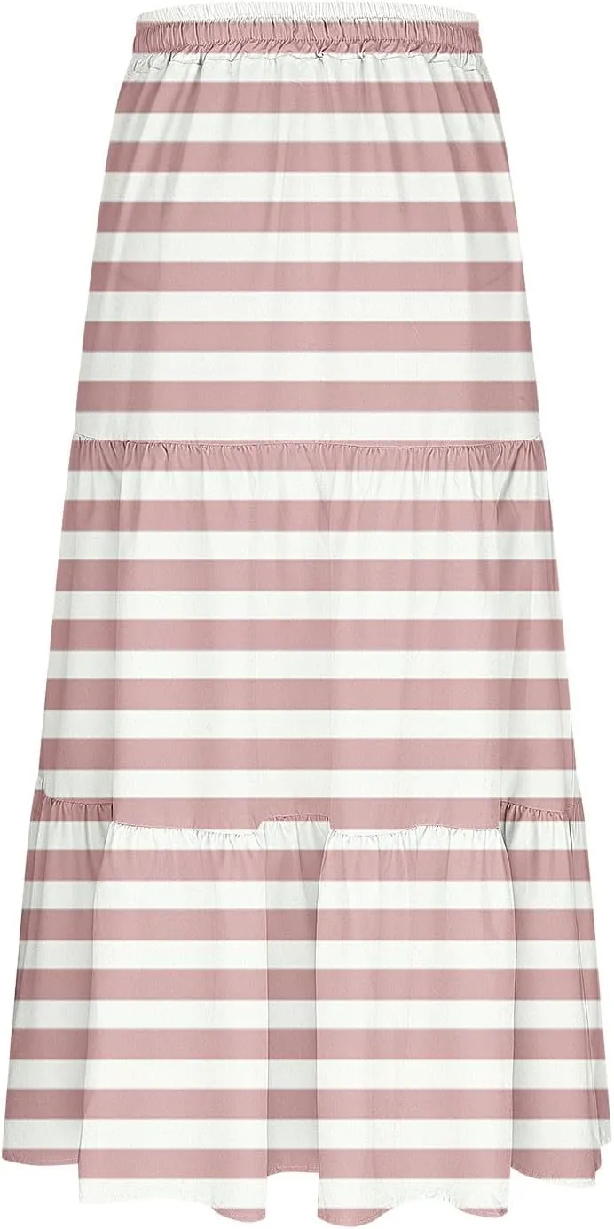 Womens Summer Skirts Midi Length Dressy Casual High Waist Drawstring A Line Boho Floral Skirt with Pockets