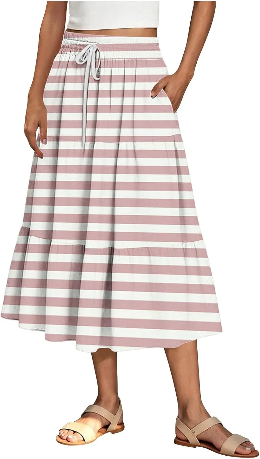 Womens Summer Skirts Midi Length Dressy Casual High Waist Drawstring A Line Boho Floral Skirt with Pockets