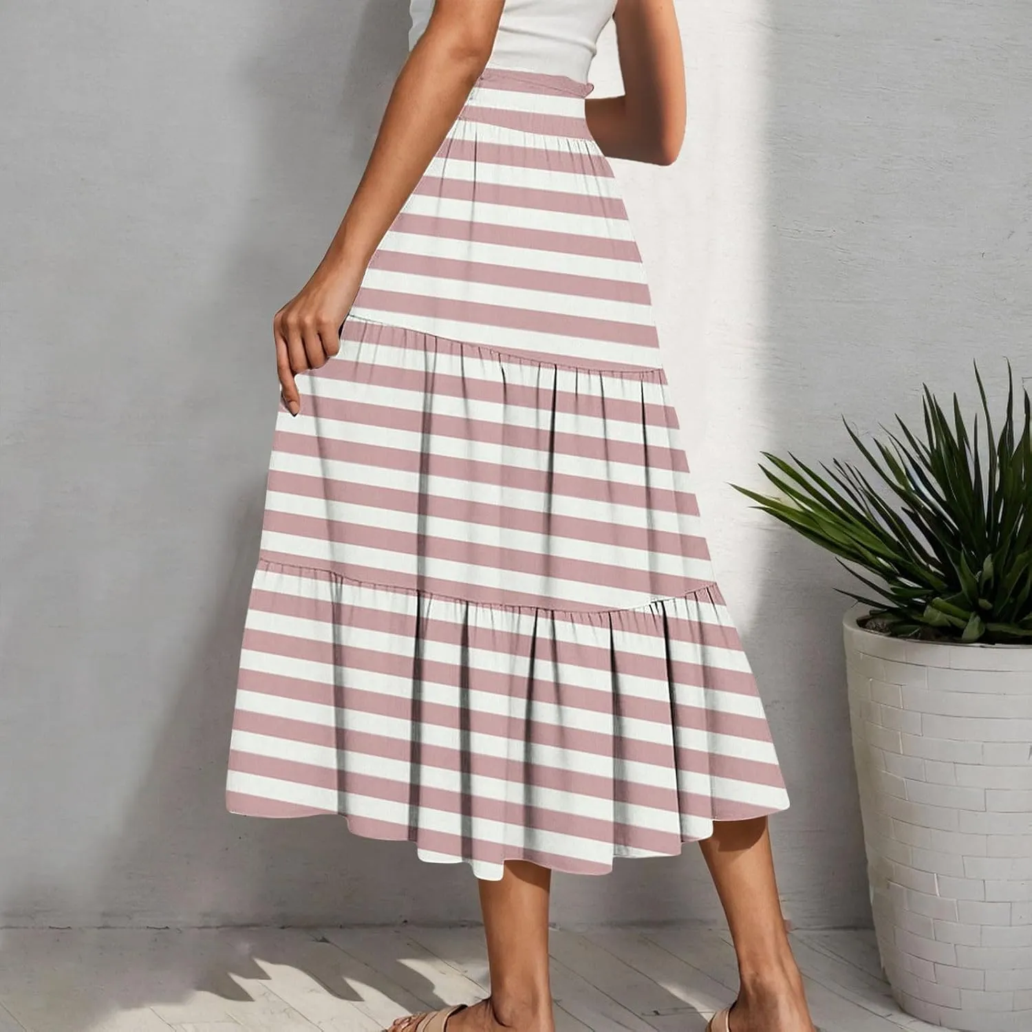 Womens Summer Skirts Midi Length Dressy Casual High Waist Drawstring A Line Boho Floral Skirt with Pockets