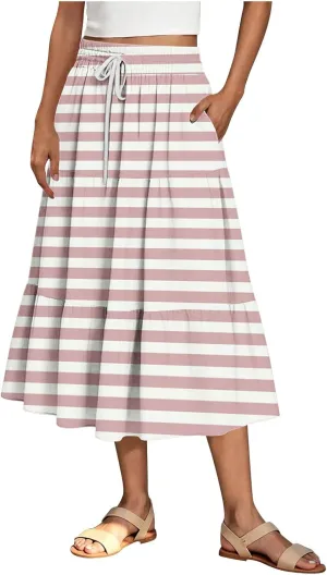 Womens Summer Skirts Midi Length Dressy Casual High Waist Drawstring A Line Boho Floral Skirt with Pockets