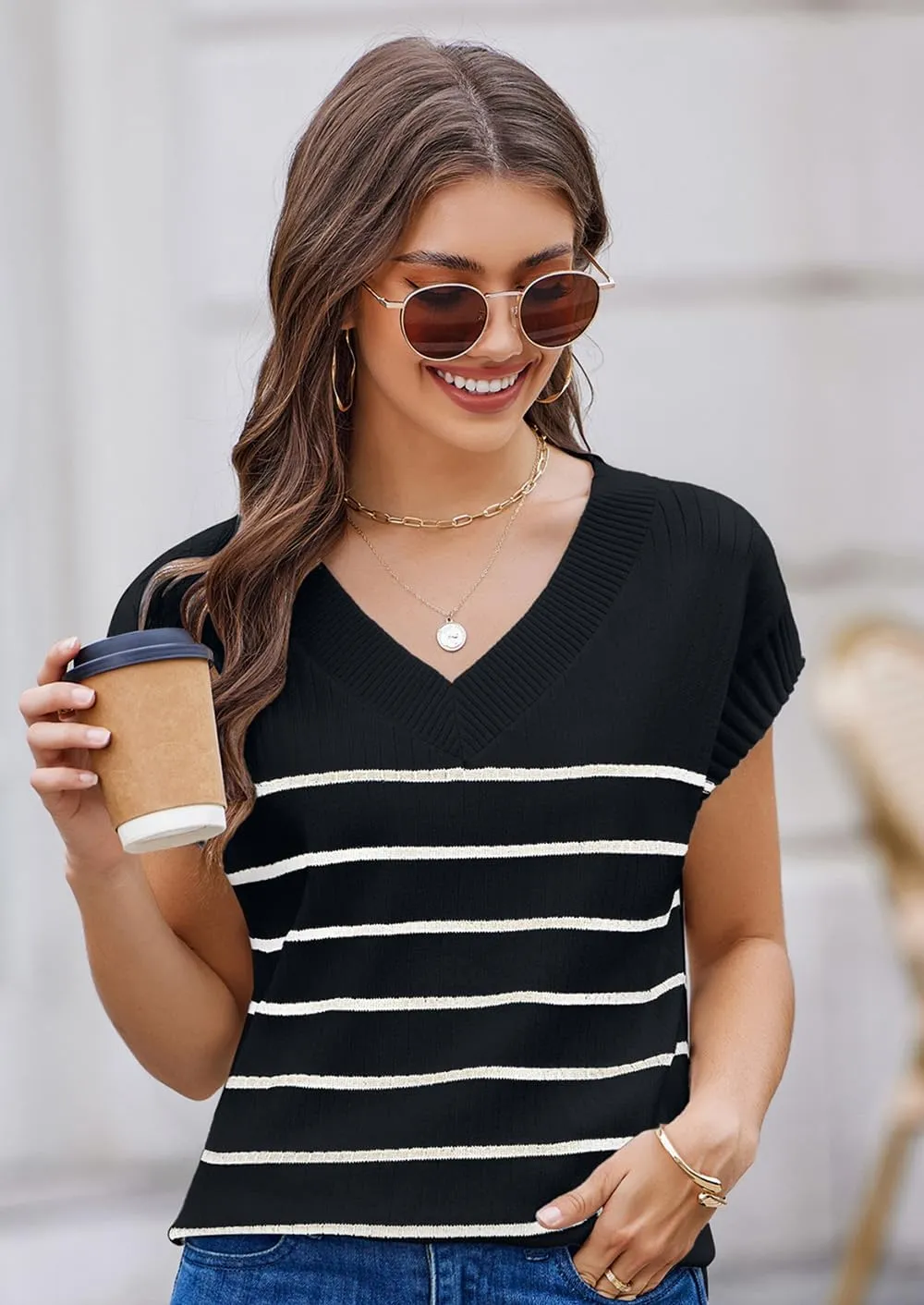Women's Sweater Vests V Neck Casual Ribbed Knit Sleeveless Sweater Tops Oversized Sweater Vest for Women