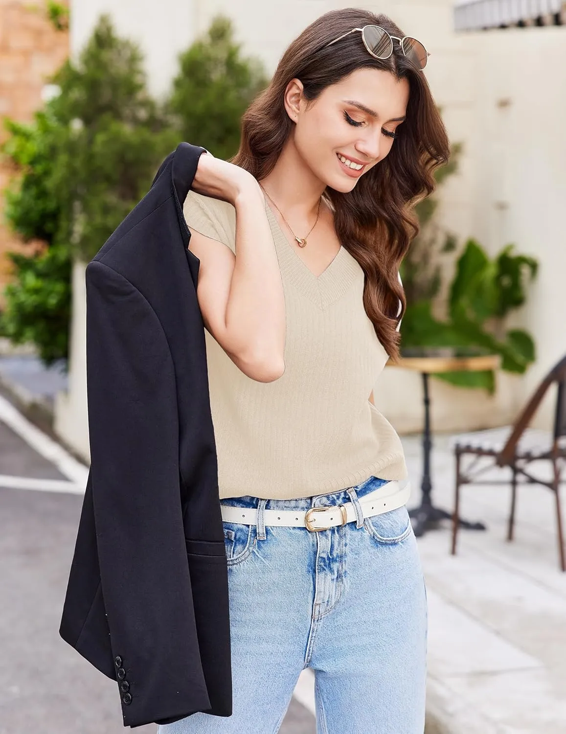 Women's Sweater Vests V Neck Casual Ribbed Knit Sleeveless Sweater Tops Oversized Sweater Vest for Women