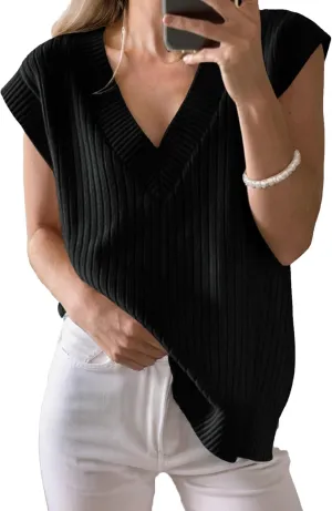 Women's Sweater Vests V Neck Casual Ribbed Knit Sleeveless Sweater Tops Oversized Sweater Vest for Women