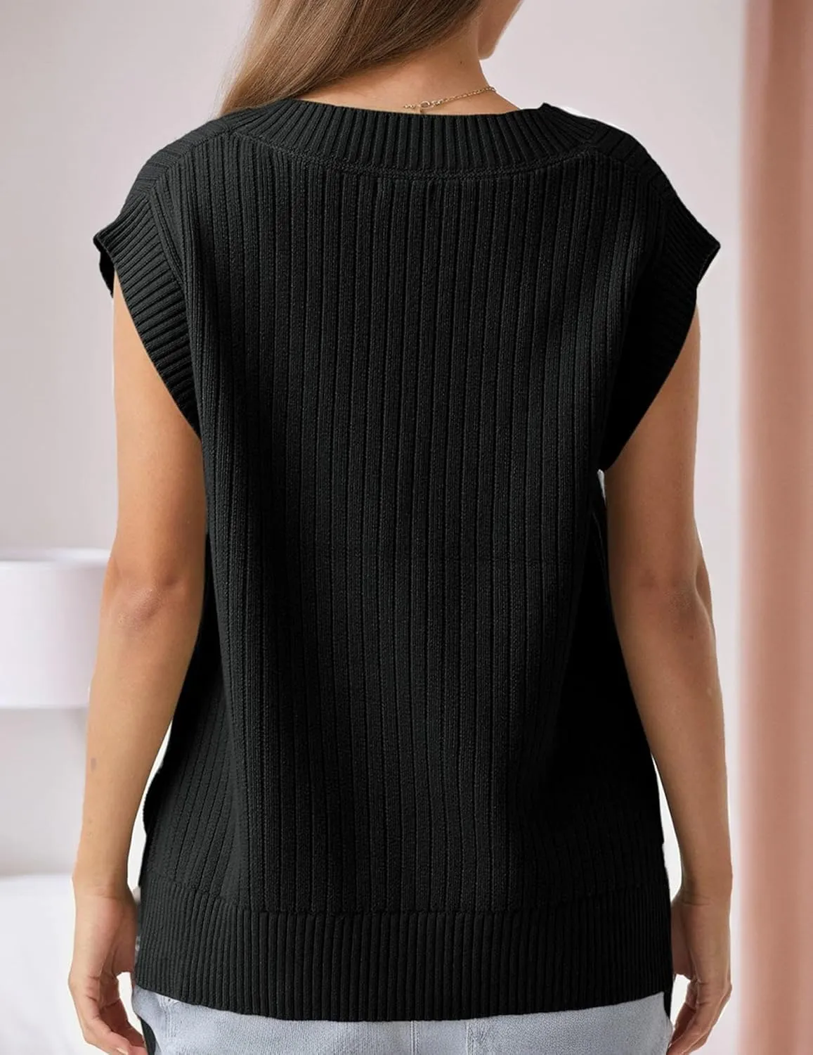 Women's Sweater Vests V Neck Casual Ribbed Knit Sleeveless Sweater Tops Oversized Sweater Vest for Women