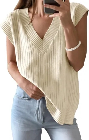 Women's Sweater Vests V Neck Casual Ribbed Knit Sleeveless Sweater Tops Oversized Sweater Vest for Women