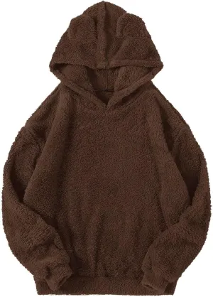 Womens Teddy Hoodies Fuzzy Fleece Shaggy Oversized Sweatshirts Winter Warm Long Sleeve Pullover with Pocket