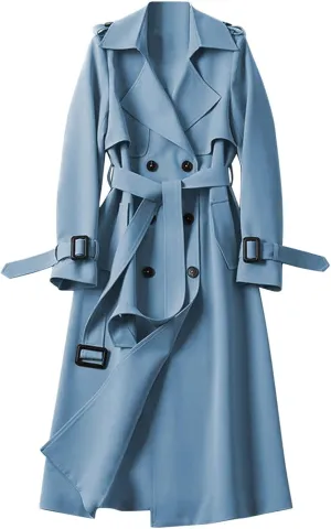 Women's Trench Coat Long Double Breasted Jacket Classic Elegant Windproof Lapel Overcoat with Belt Fall Winter Outwear