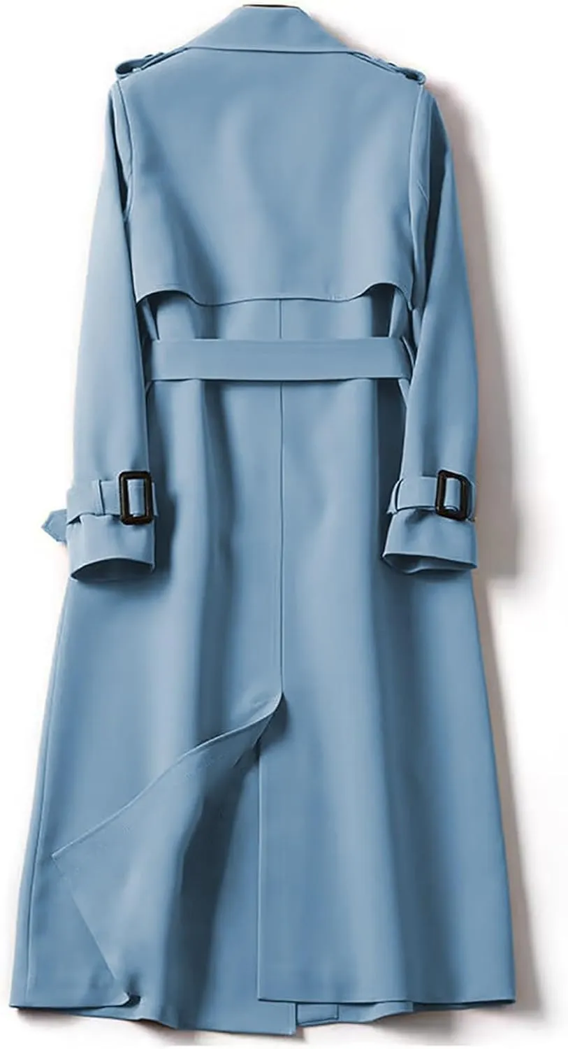 Women's Trench Coat Long Double Breasted Jacket Classic Elegant Windproof Lapel Overcoat with Belt Fall Winter Outwear