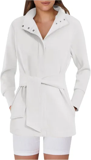 Womens Trench Coat, Mid Long Elegant Outerwear Coats Classic Trendy Overcoats Lapel Winter Solid Jackets with Belt