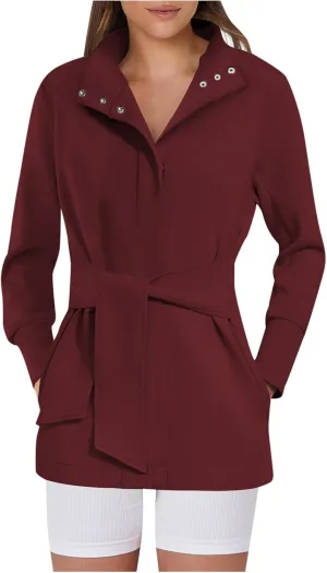 Womens Trench Coat, Mid Long Elegant Outerwear Coats Classic Trendy Overcoats Lapel Winter Solid Jackets with Belt
