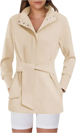 Womens Trench Coat, Mid Long Elegant Outerwear Coats Classic Trendy Overcoats Lapel Winter Solid Jackets with Belt
