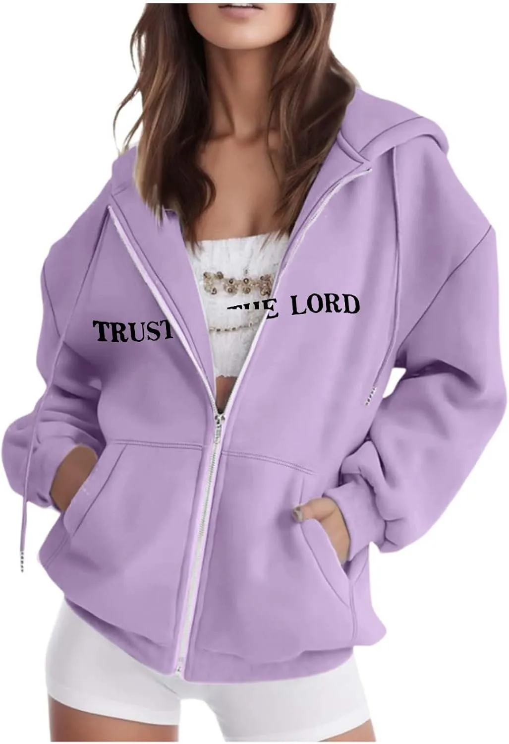 Women's Trust In The Lord Full Zip Up Christian Hoodies Comfort Fleece Lined Aesthetic with Hood Jackets 2024 Jesus