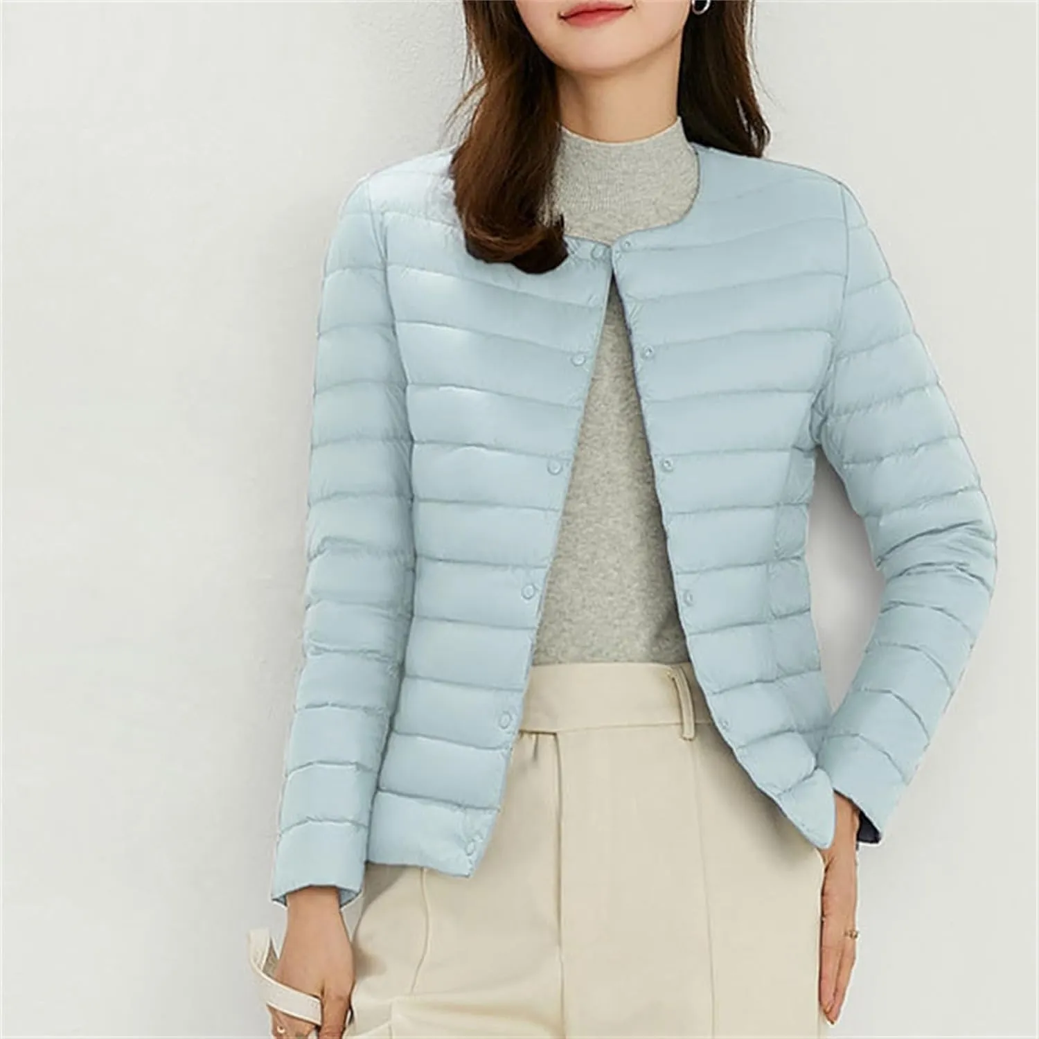 Womens Ultra Lightweight Packable Short Down Jacket Fashion Collarless Button Down Quilted Puffer Parka Coats Outwear
