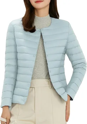Womens Ultra Lightweight Packable Short Down Jacket Fashion Collarless Button Down Quilted Puffer Parka Coats Outwear