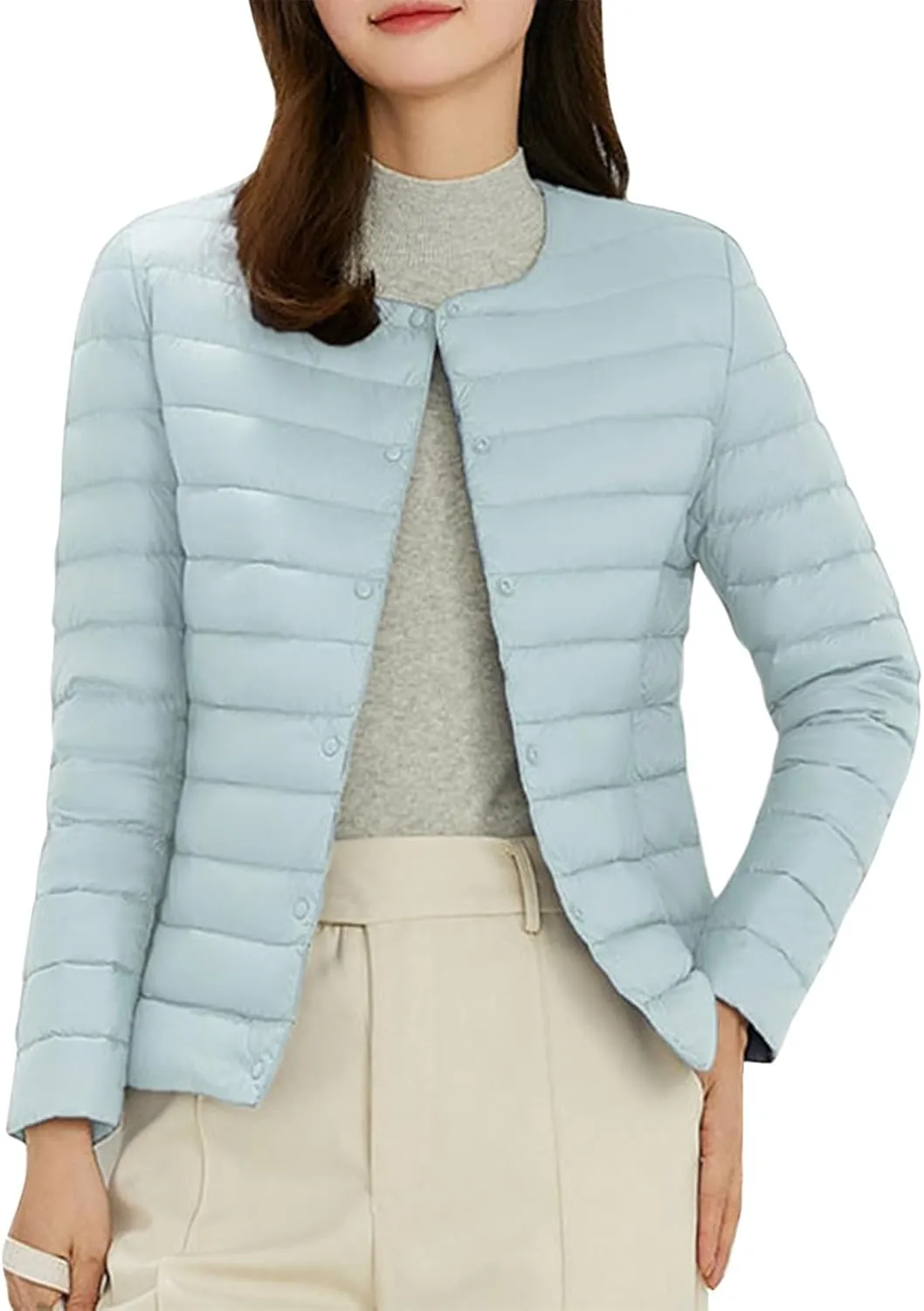 Womens Ultra Lightweight Packable Short Down Jacket Fashion Collarless Button Down Quilted Puffer Parka Coats Outwear