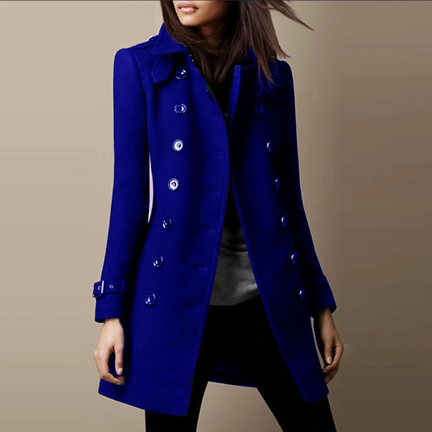 Womens Winter Coats Vintage Double Breasted Midi Peacoat Slim Fit Lapel Trench Coats Wool Blend Outerwear