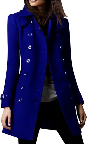 Womens Winter Coats Vintage Double Breasted Midi Peacoat Slim Fit Lapel Trench Coats Wool Blend Outerwear