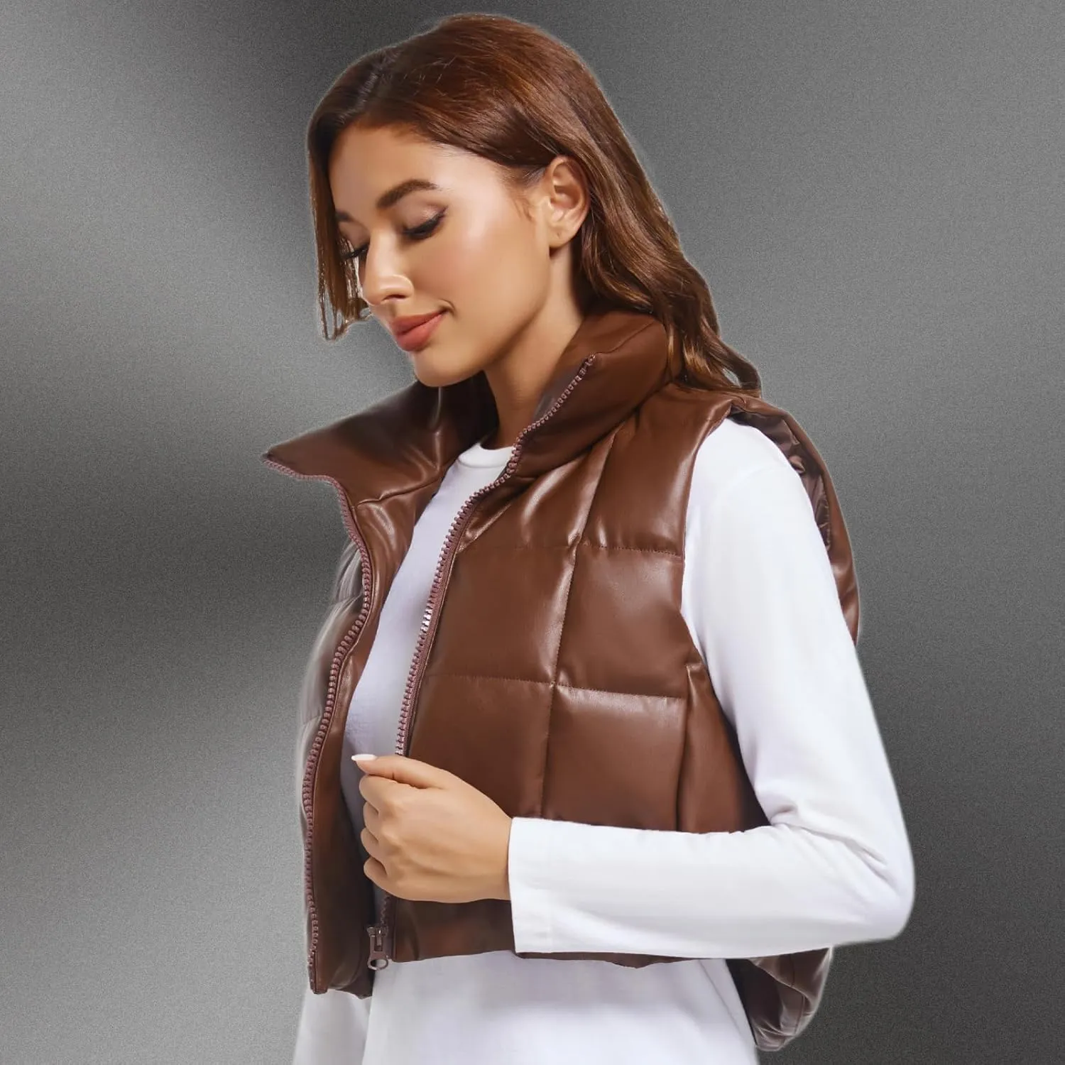 Women's Winter Outerwear Vests Crop Puffer Vest Lightweight Sleeveless Padded High Stand Collar Jacket