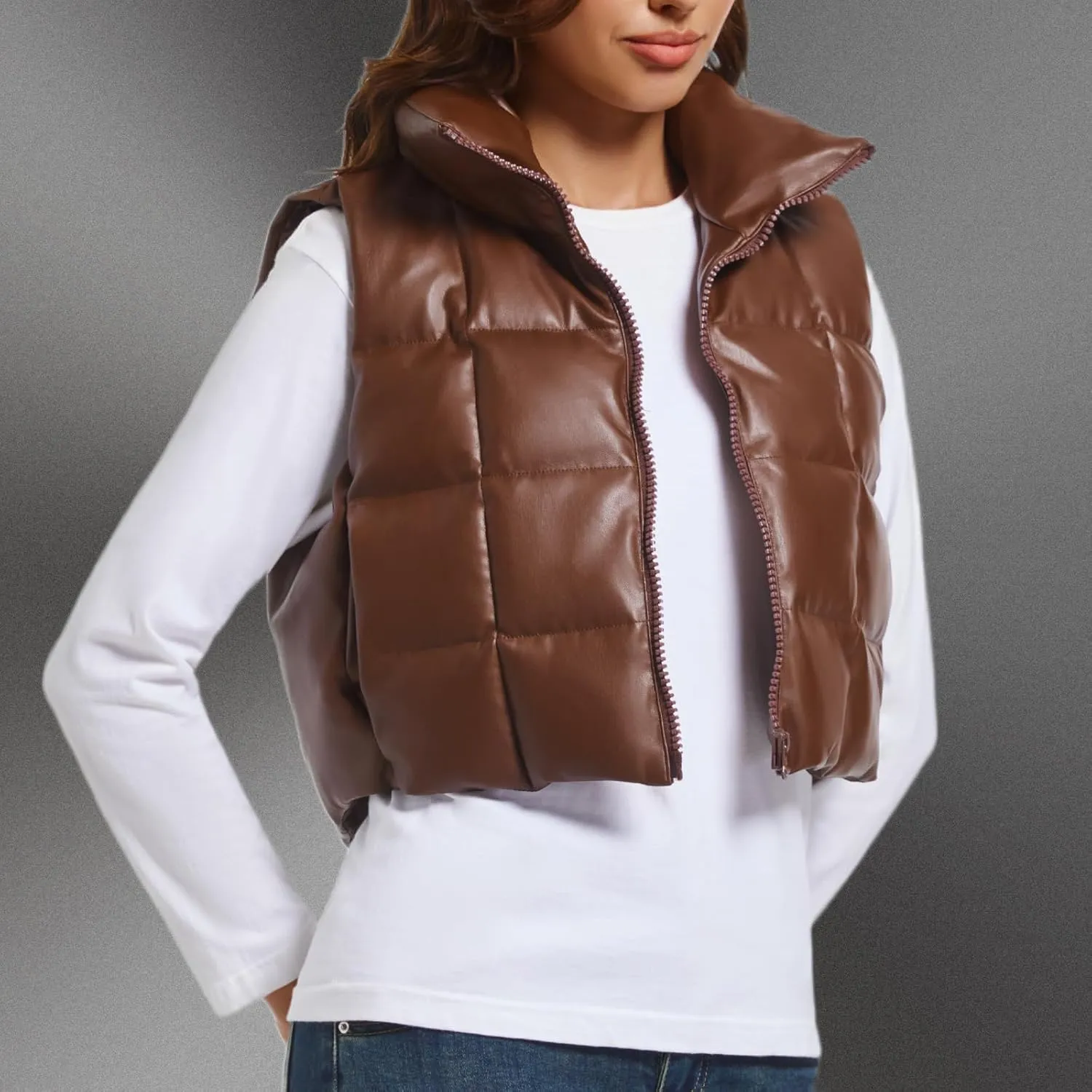 Women's Winter Outerwear Vests Crop Puffer Vest Lightweight Sleeveless Padded High Stand Collar Jacket