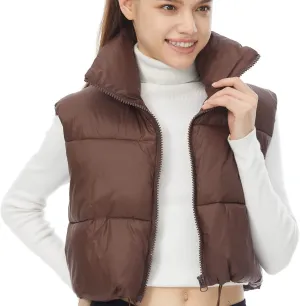 Women's Winter Outerwear Vests Crop Puffer Vest Lightweight Sleeveless Padded High Stand Collar Jacket