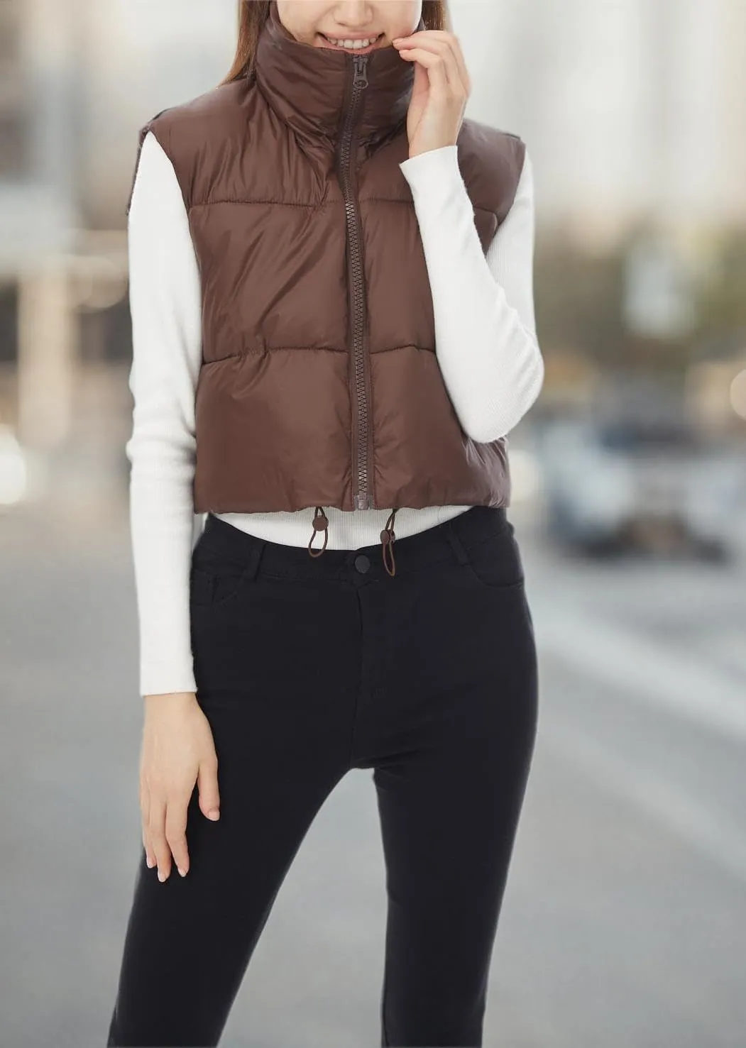 Women's Winter Outerwear Vests Crop Puffer Vest Lightweight Sleeveless Padded High Stand Collar Jacket
