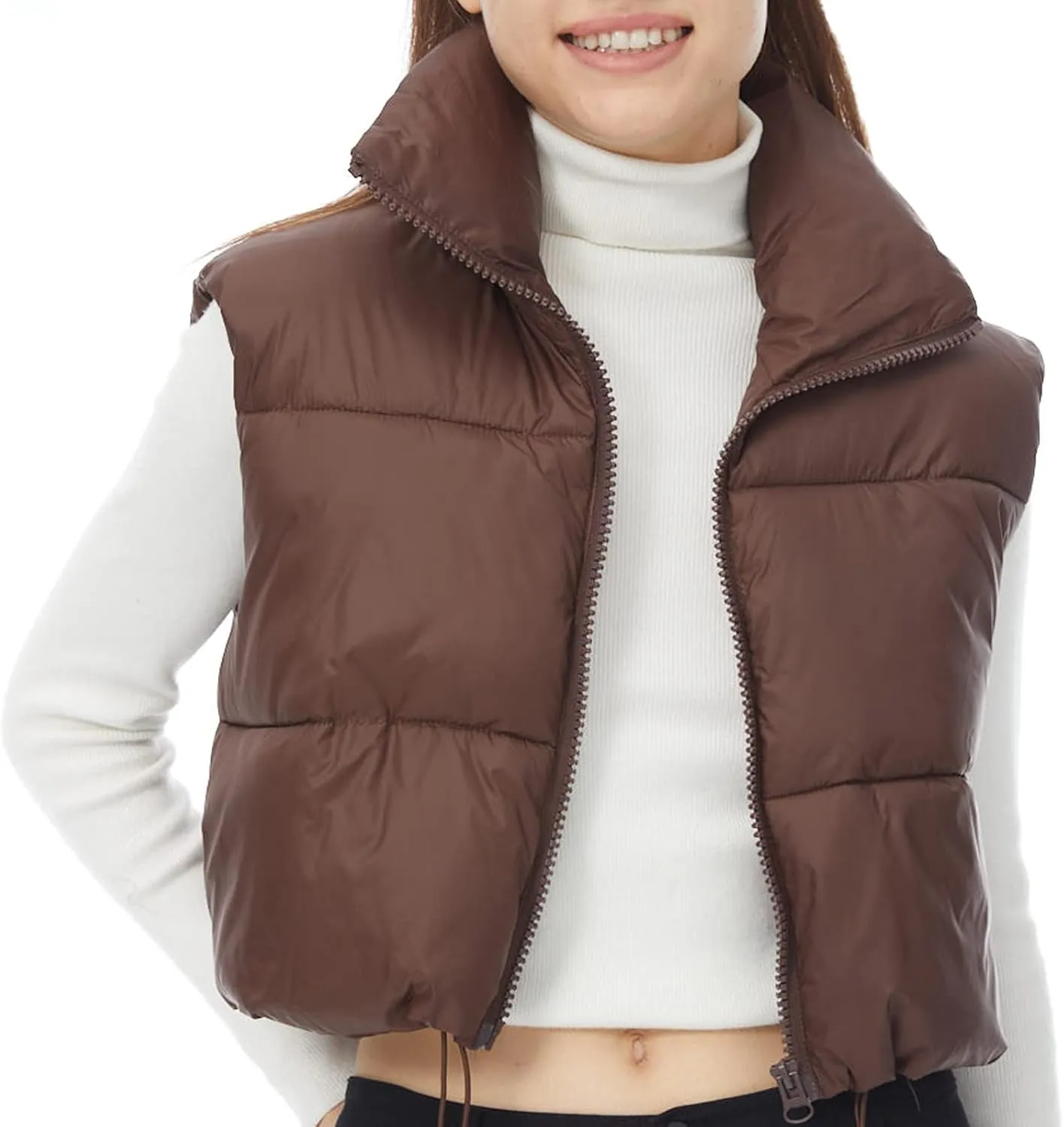 Women's Winter Outerwear Vests Crop Puffer Vest Lightweight Sleeveless Padded High Stand Collar Jacket