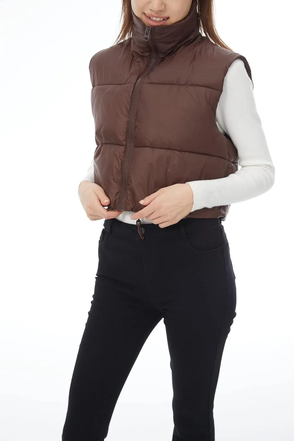 Women's Winter Outerwear Vests Crop Puffer Vest Lightweight Sleeveless Padded High Stand Collar Jacket