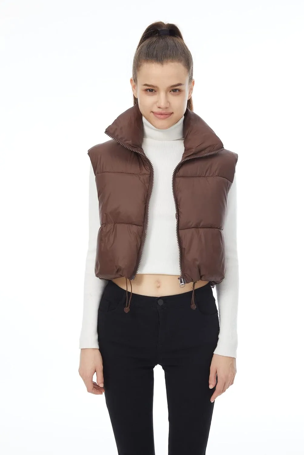 Women's Winter Outerwear Vests Crop Puffer Vest Lightweight Sleeveless Padded High Stand Collar Jacket
