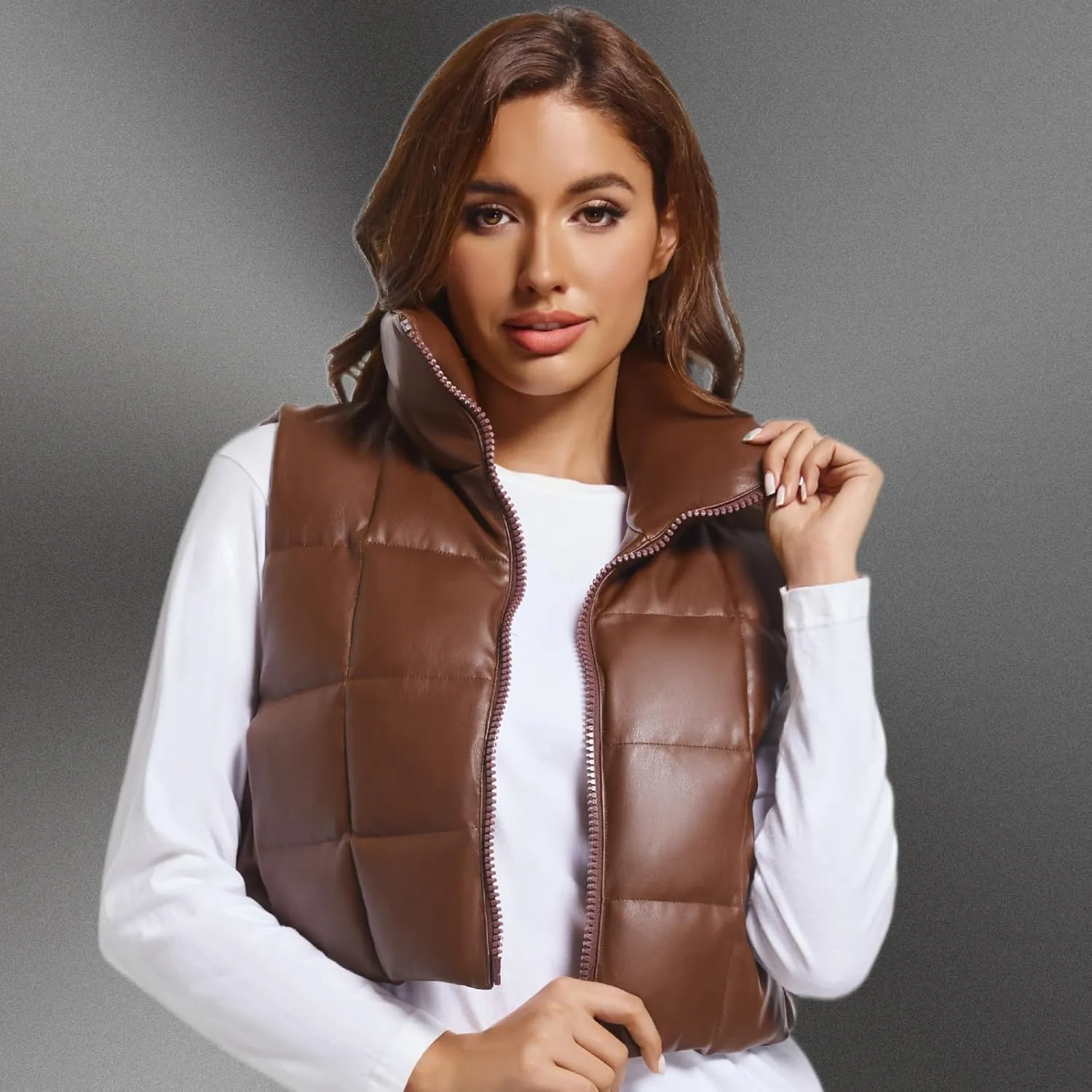 Women's Winter Outerwear Vests Crop Puffer Vest Lightweight Sleeveless Padded High Stand Collar Jacket