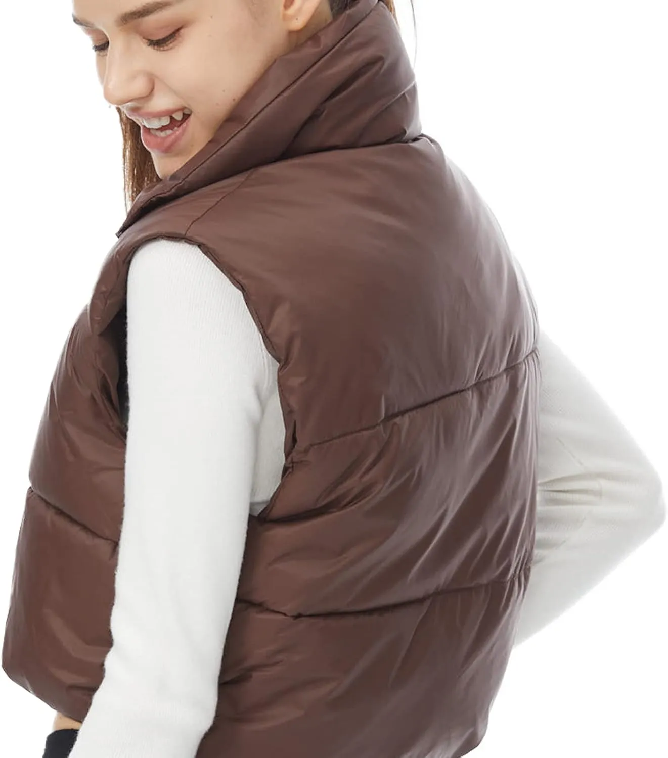 Women's Winter Outerwear Vests Crop Puffer Vest Lightweight Sleeveless Padded High Stand Collar Jacket