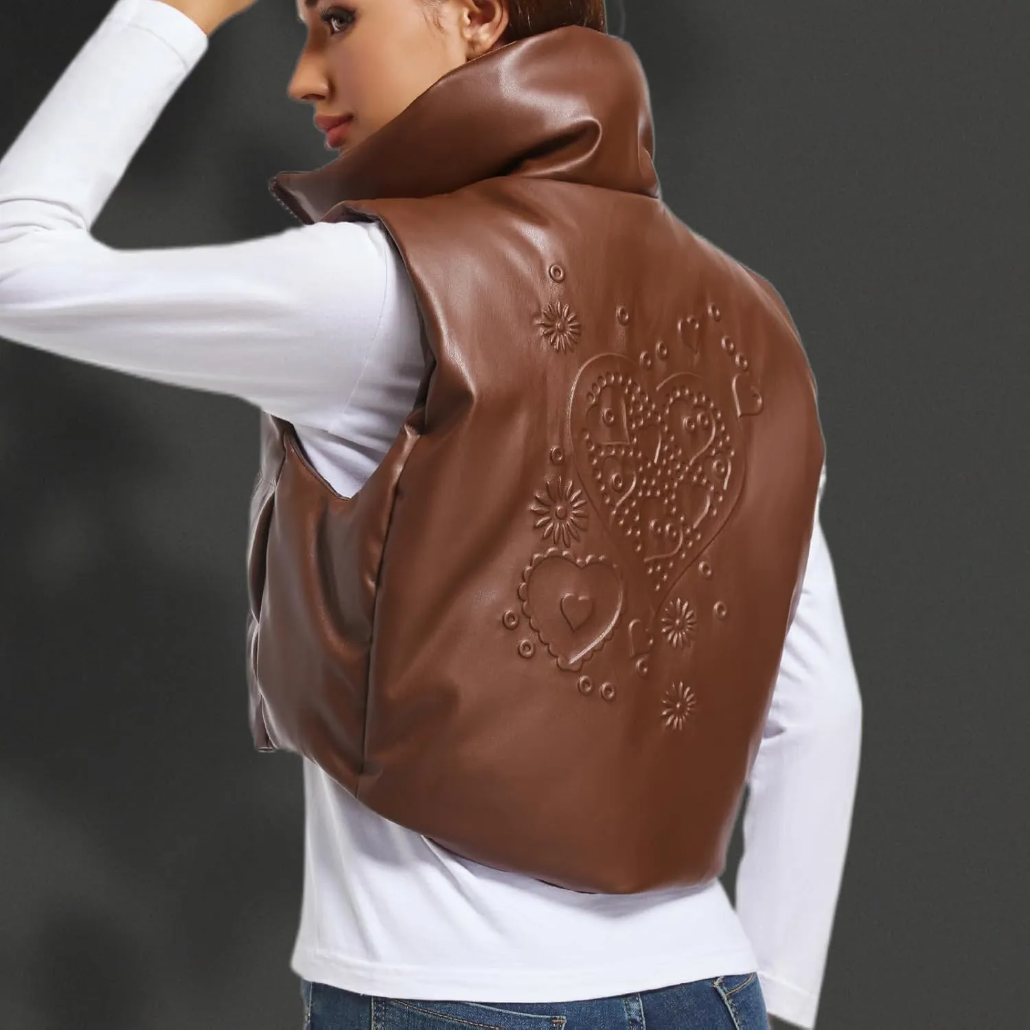 Women's Winter Outerwear Vests Crop Puffer Vest Lightweight Sleeveless Padded High Stand Collar Jacket