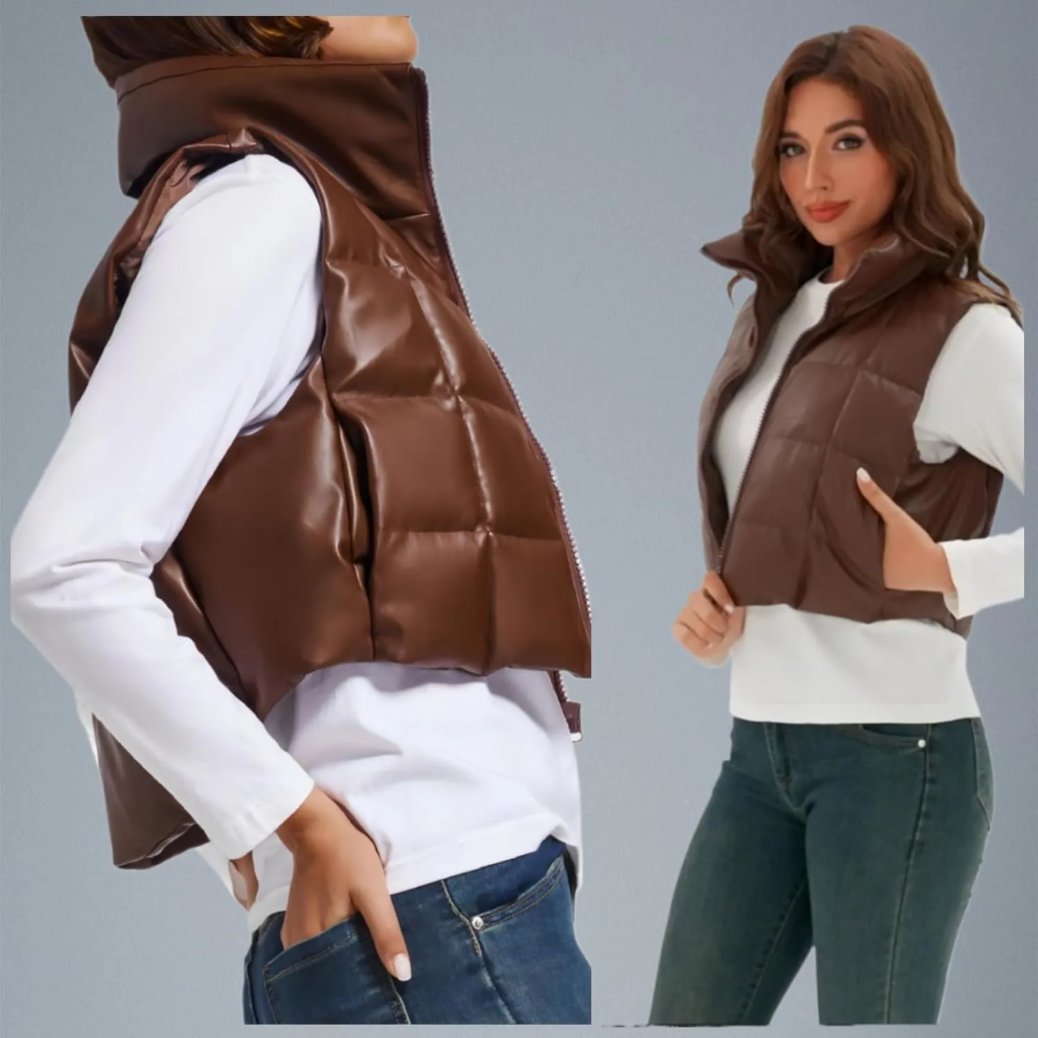 Women's Winter Outerwear Vests Crop Puffer Vest Lightweight Sleeveless Padded High Stand Collar Jacket