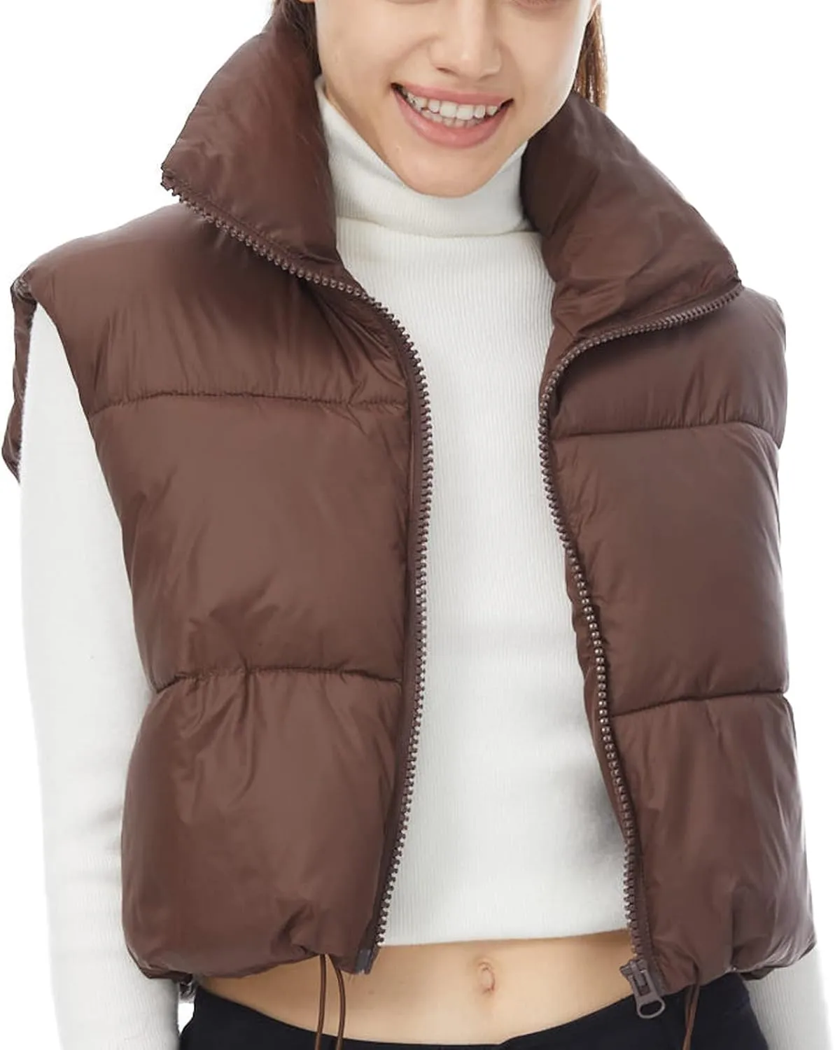Women's Winter Outerwear Vests Crop Puffer Vest Lightweight Sleeveless Padded High Stand Collar Jacket