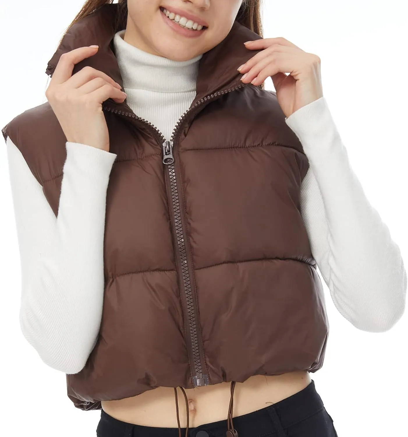 Women's Winter Outerwear Vests Crop Puffer Vest Lightweight Sleeveless Padded High Stand Collar Jacket