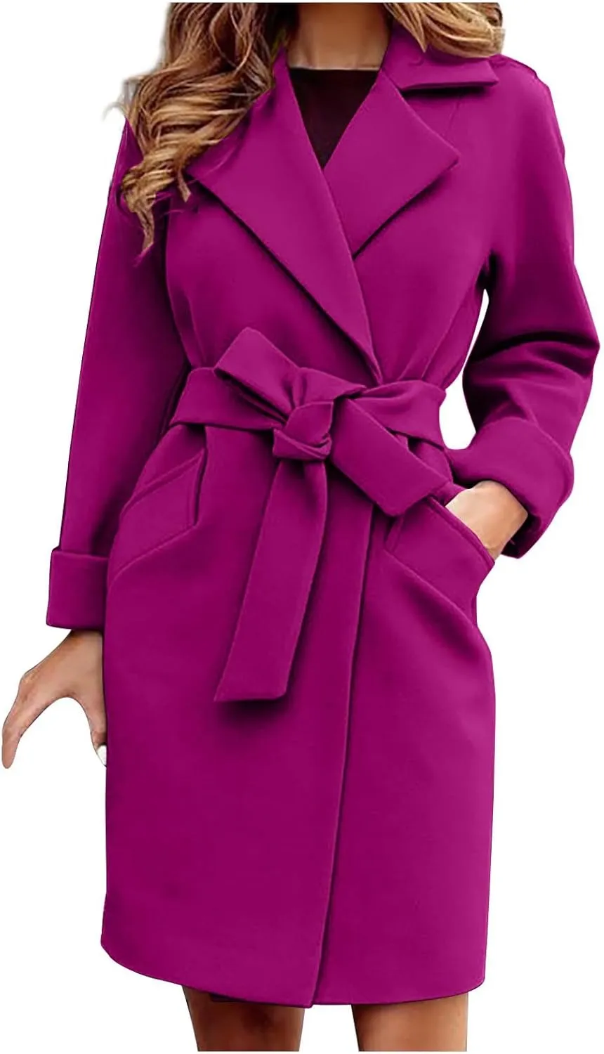 Womens Winter Pea Coat Notch Lapel Collar Long Sleeve Wool Coats Open Front Belted Owk Office Trench Coat Jacket