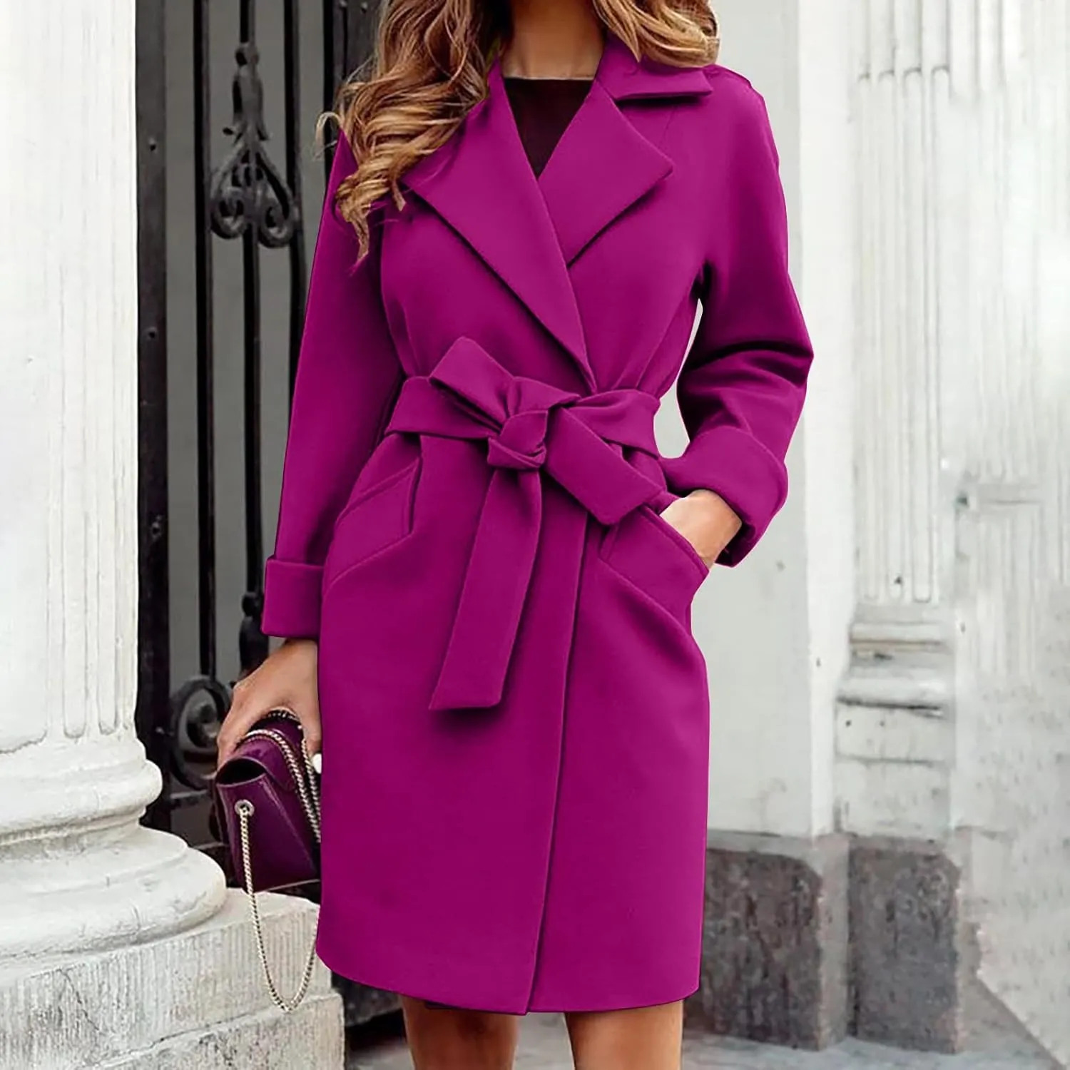 Womens Winter Pea Coat Notch Lapel Collar Long Sleeve Wool Coats Open Front Belted Owk Office Trench Coat Jacket